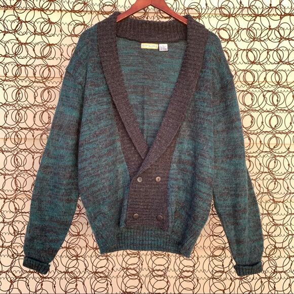 Vintage Adam Sloane grandpa cardigan sweater teal charcoal LARGE - Picture 1 of 4